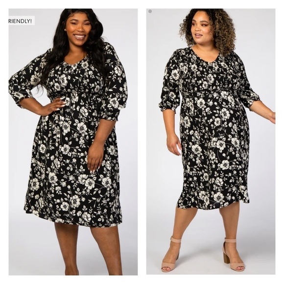NEW POLAGRAM Black Tropical Floral Print V Neck Smocked Midi Dress Large - Picture 1 of 9